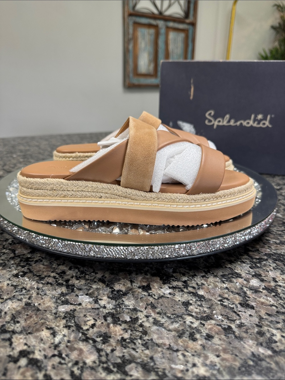 Splendid Fara leather Tan Crisscross Espadrille wedge Slide NEW 7